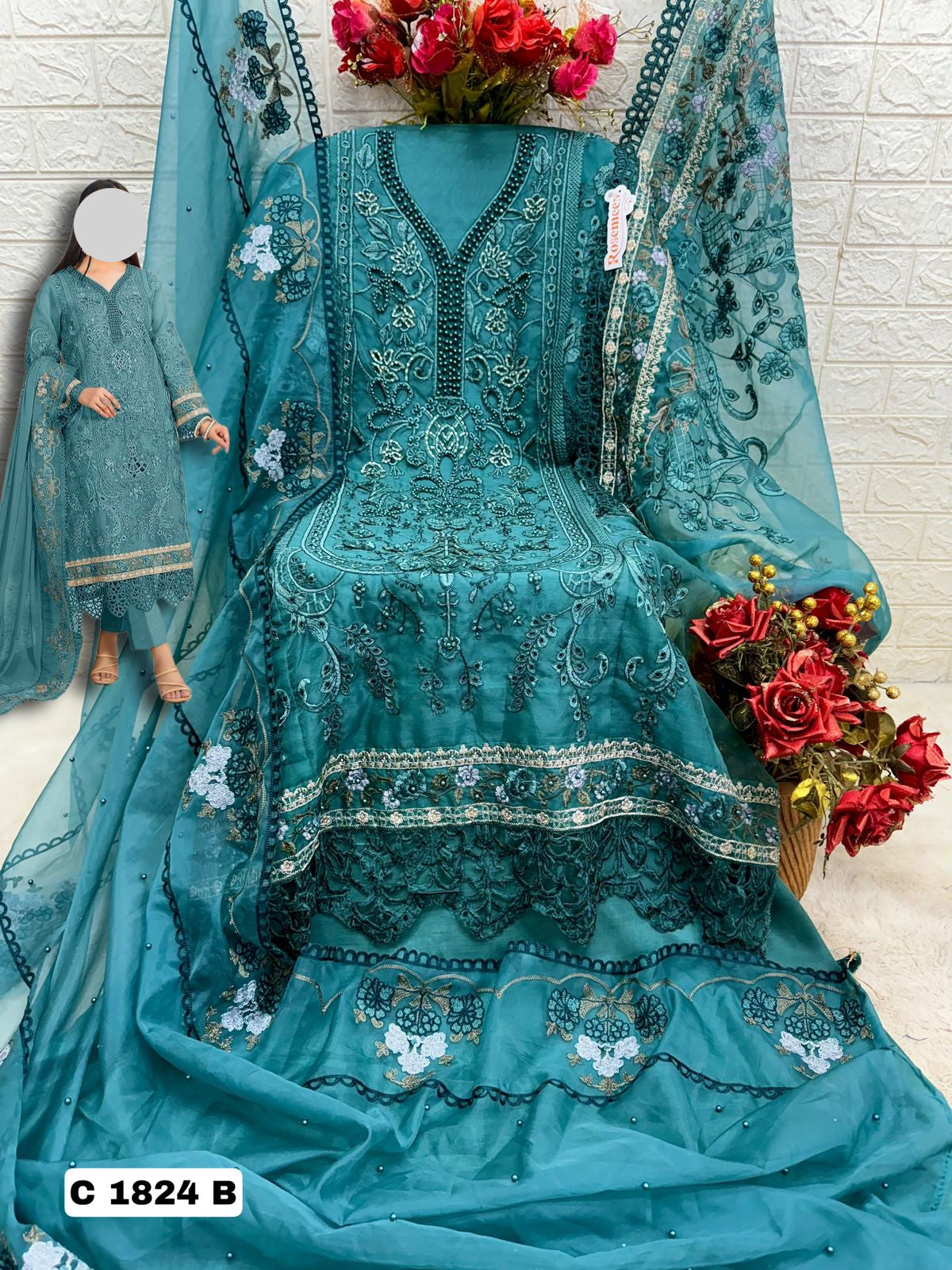 Peacock Green Organza Party Wear Suit