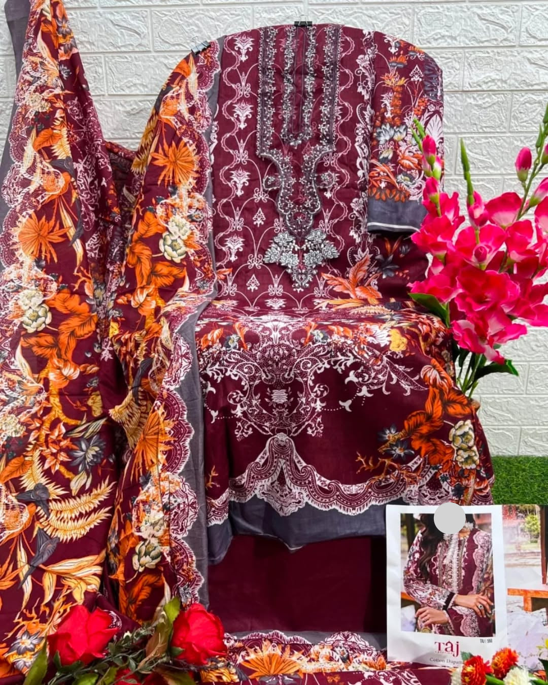 Maroon Pakistani Patch Work Dress Material