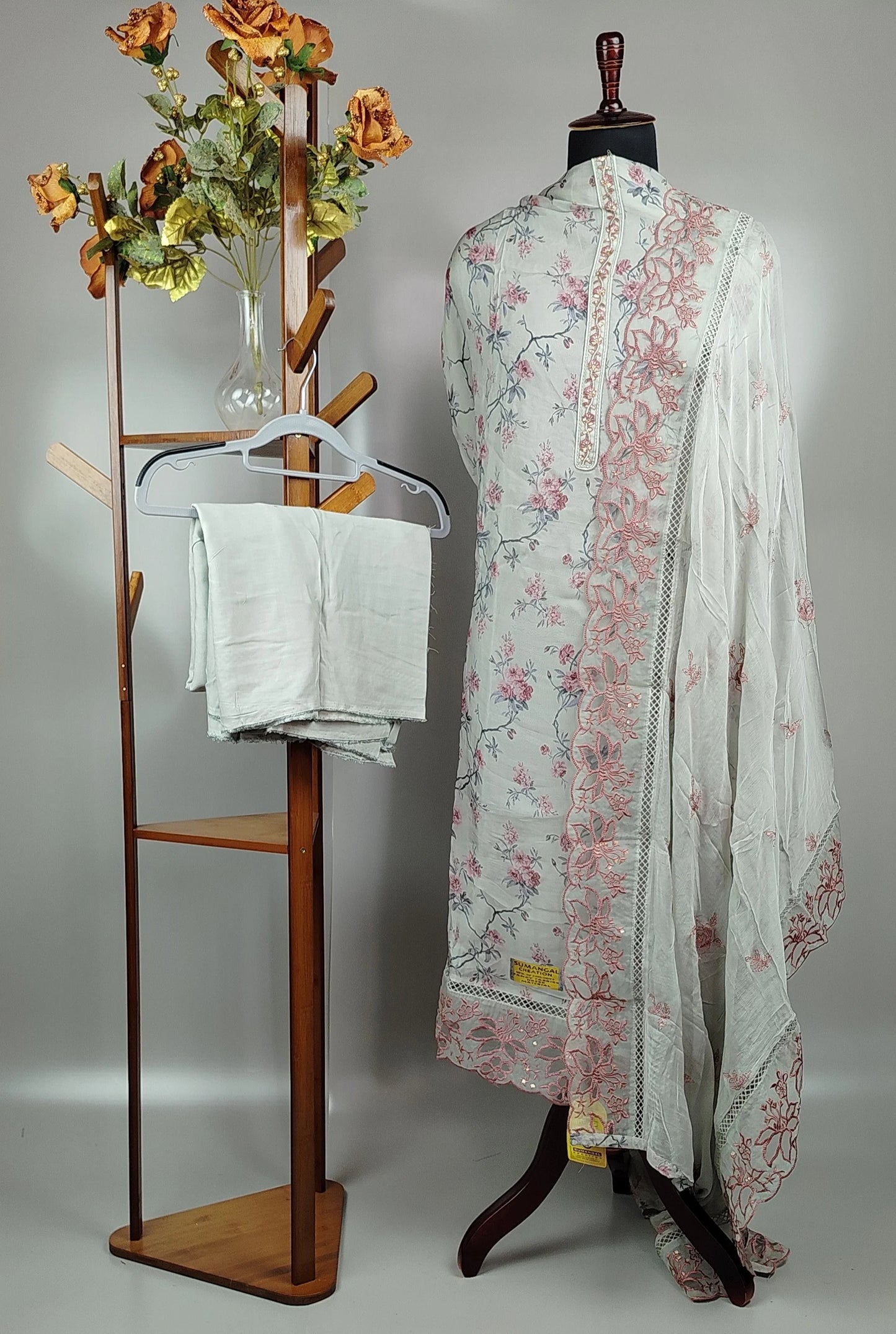 Grey Organza Cutwork Pakistani Suit