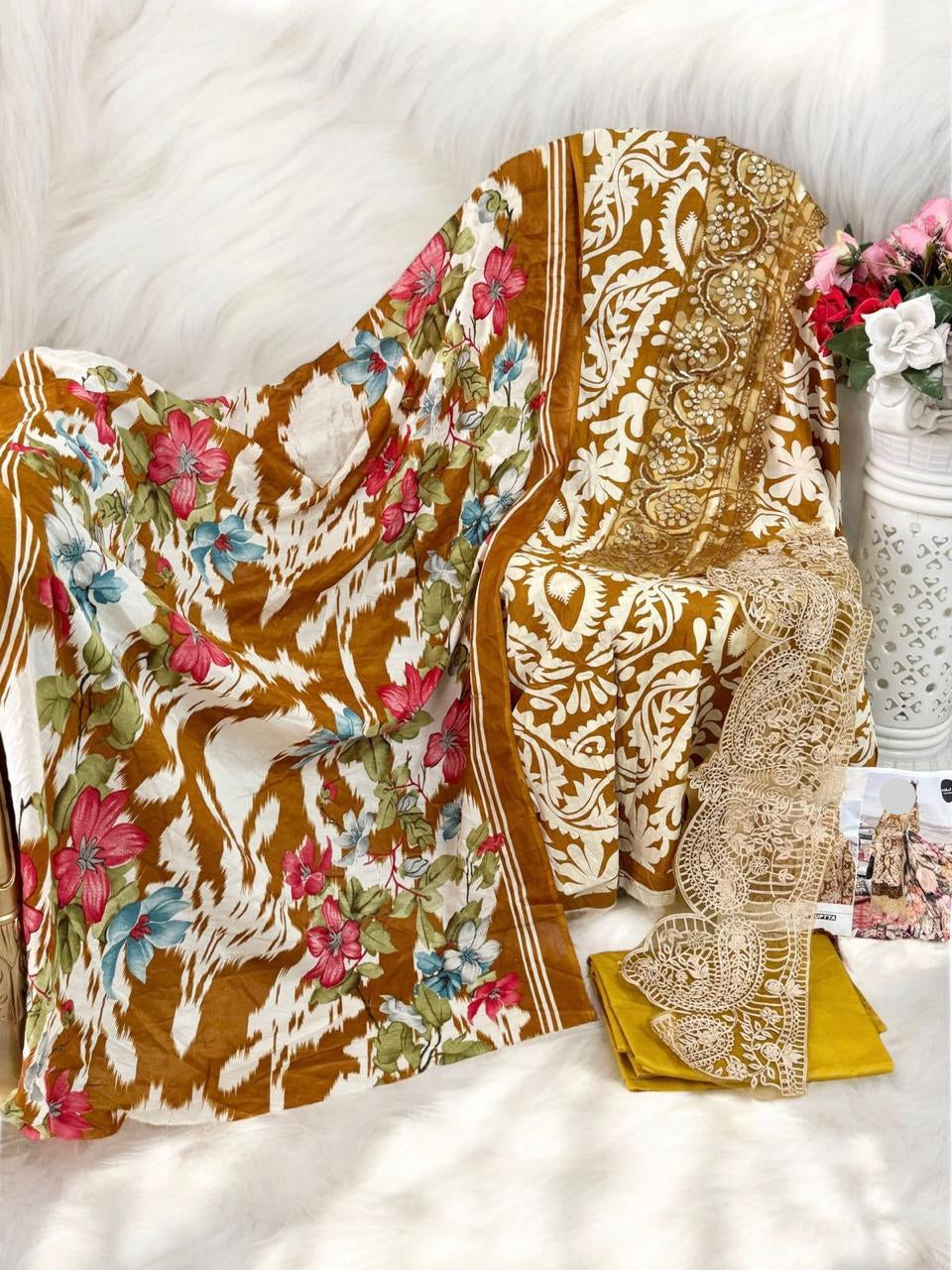 Dark Mustard Pakistani Patch Work Dress Material
