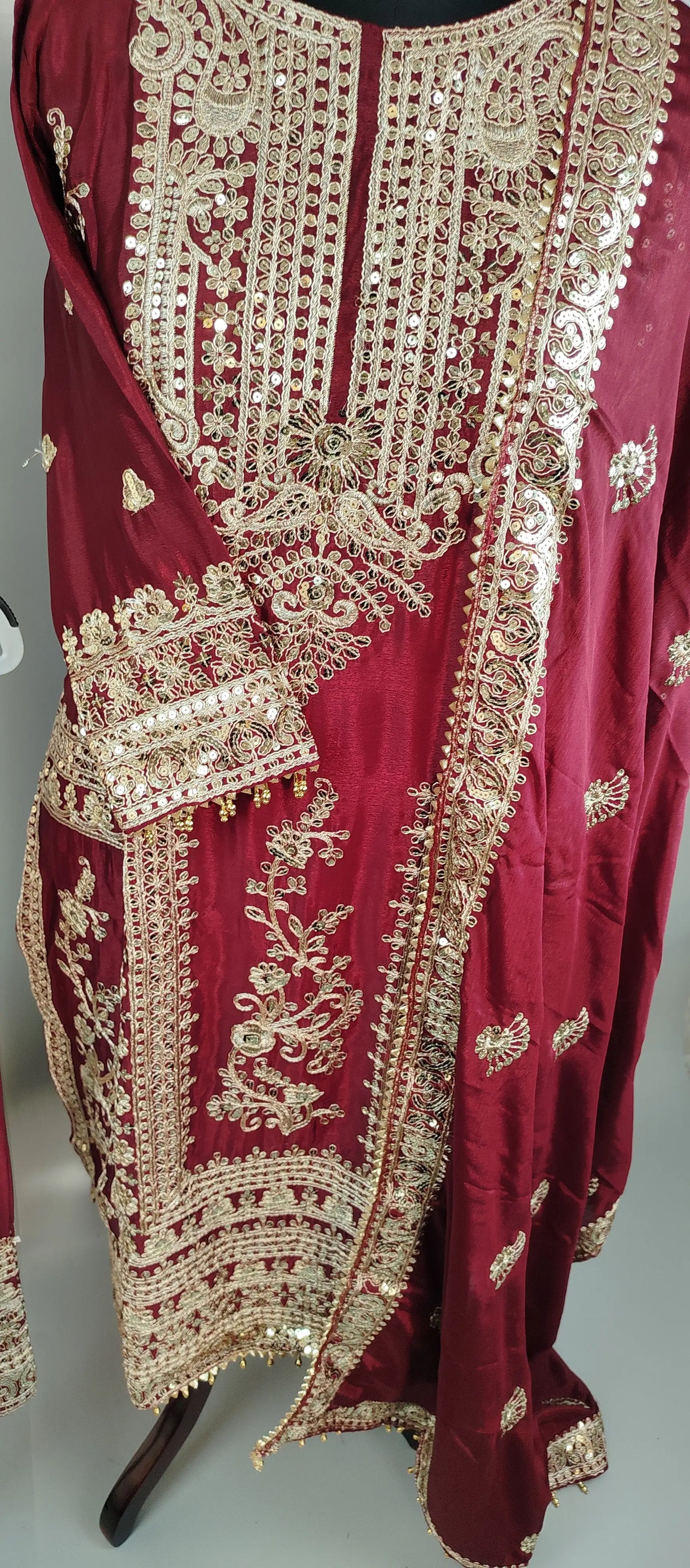 Maroon Chinon Pakistani Designer Party Wear Suit