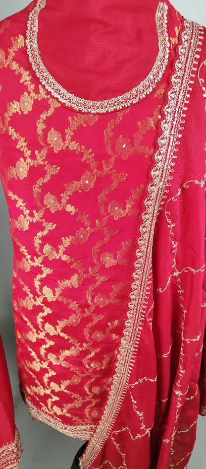 Red Chinon Jacquard Heavy Designer Party Wear Suit