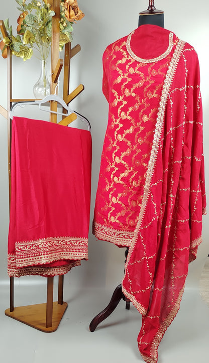 Red Chinon Jacquard Heavy Designer Party Wear Suit