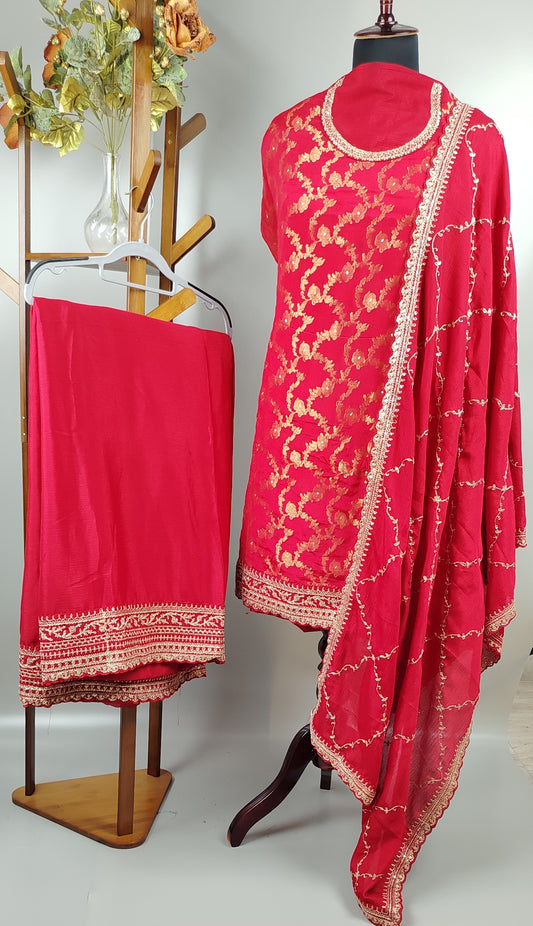 Red Chinon Jacquard Heavy Designer Party Wear Suit