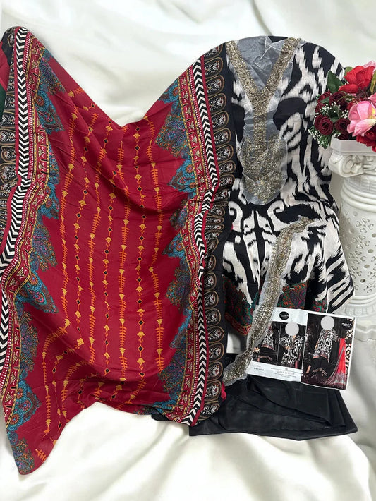 Black and Red Pakistani Patch Work Dress Material