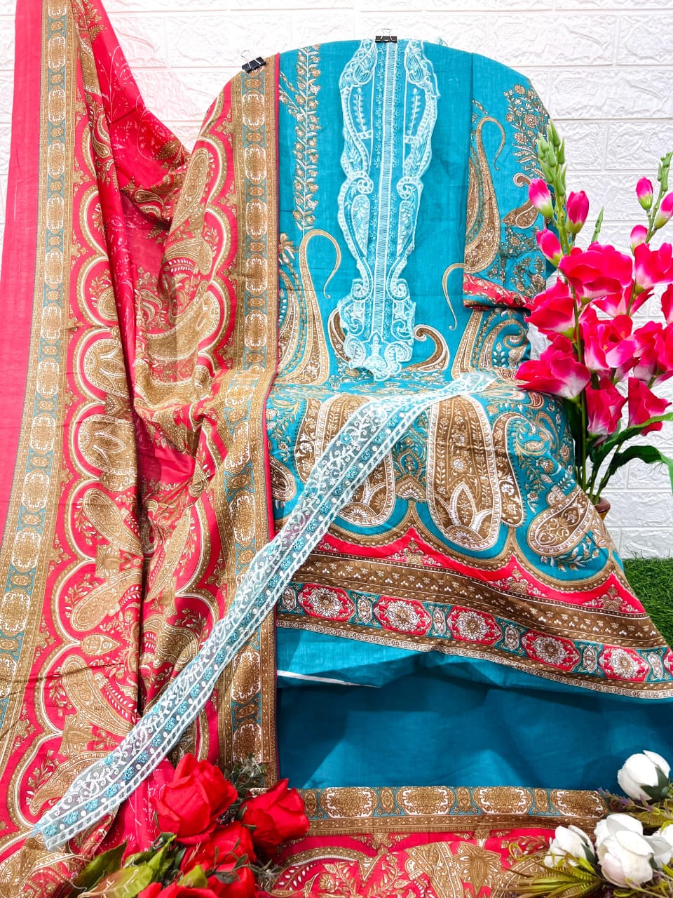 Blue Pakistani Patch Work Dress Material