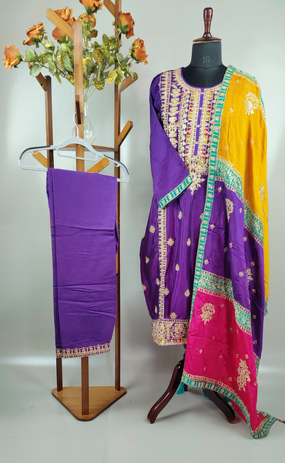 Purple Chinon Embroidered Work Party Wear Suit
