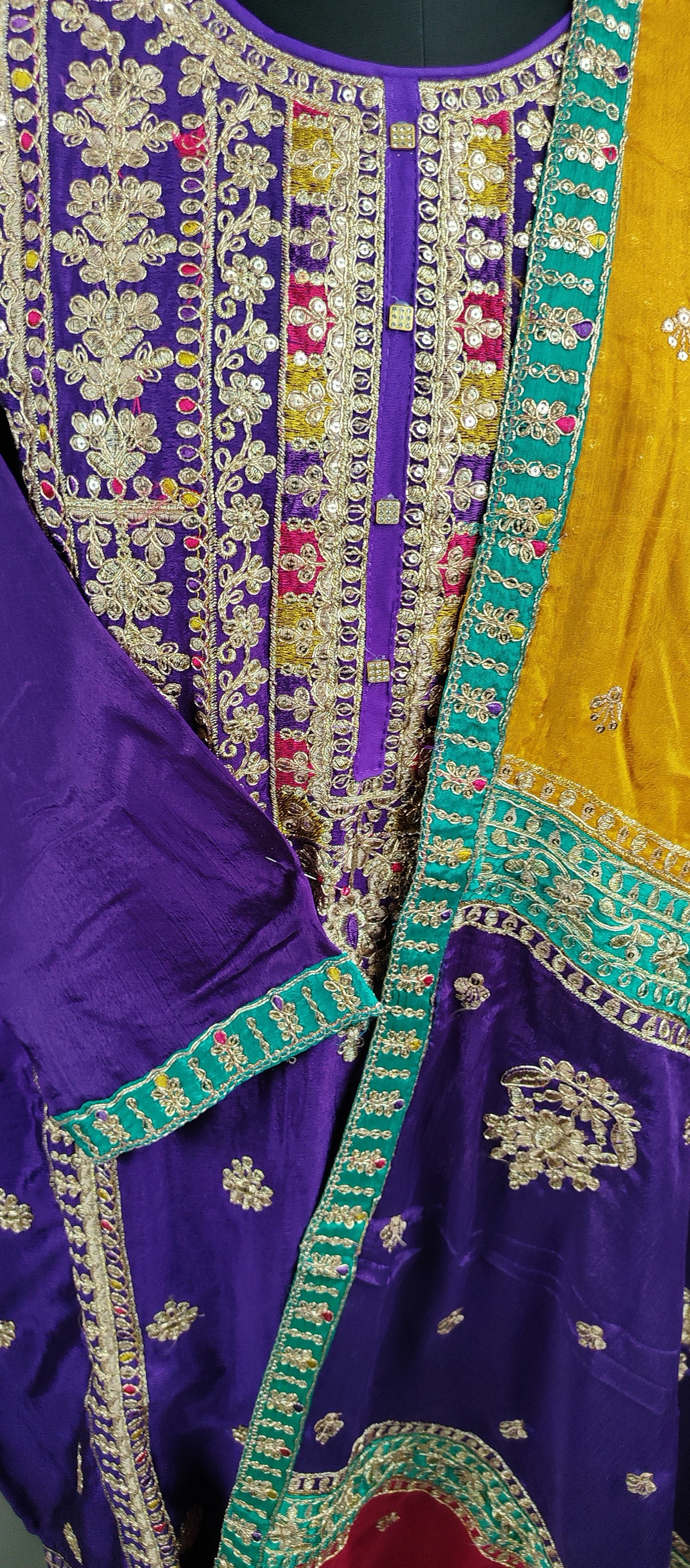 Purple Chinon Embroidered Work Party Wear Suit