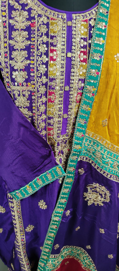 Purple Chinon Embroidered Work Party Wear Suit