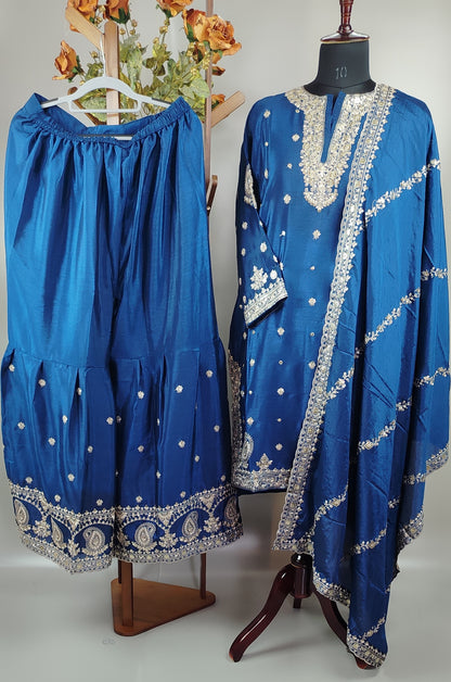 Blue Chinon Heavy Designer Party Wear Suit