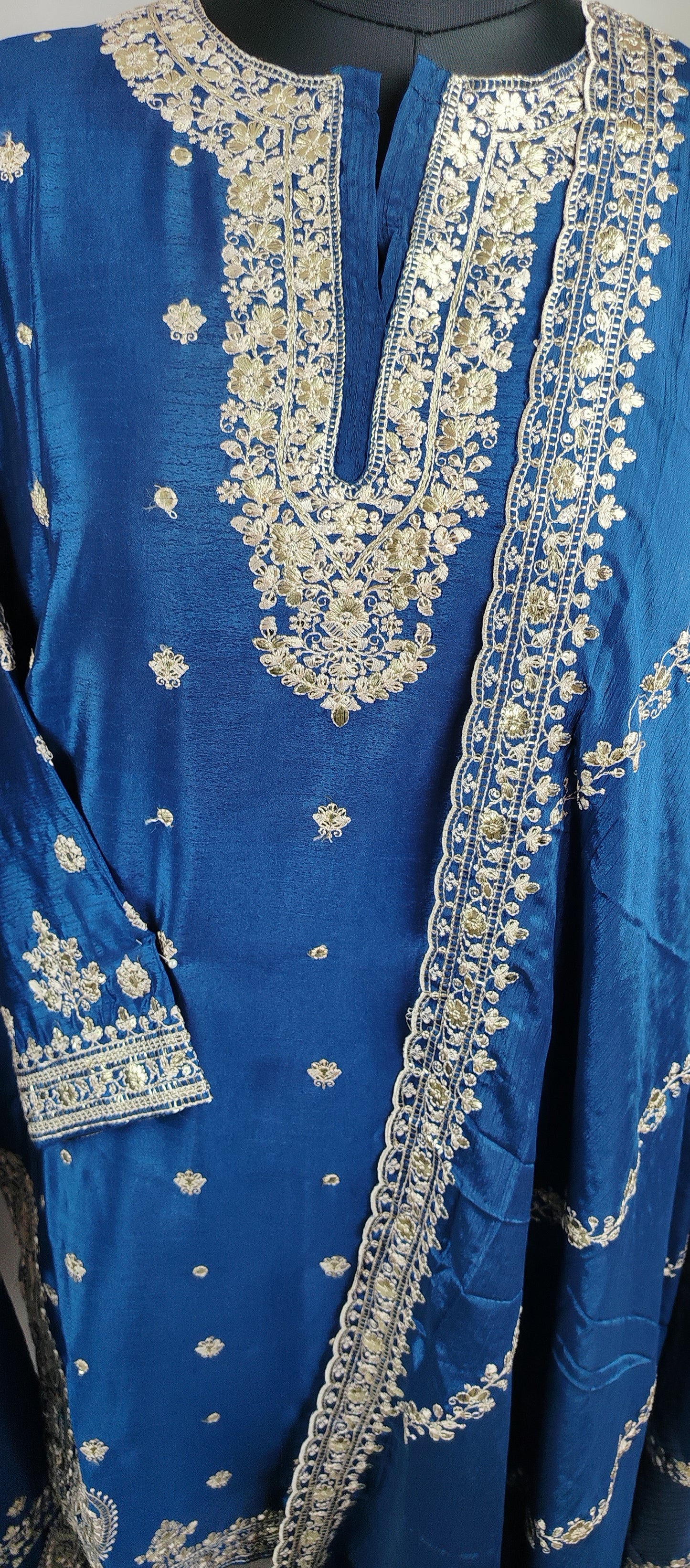 Blue Chinon Heavy Designer Party Wear Suit