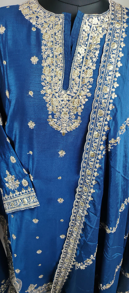 Blue Chinon Heavy Designer Party Wear Suit