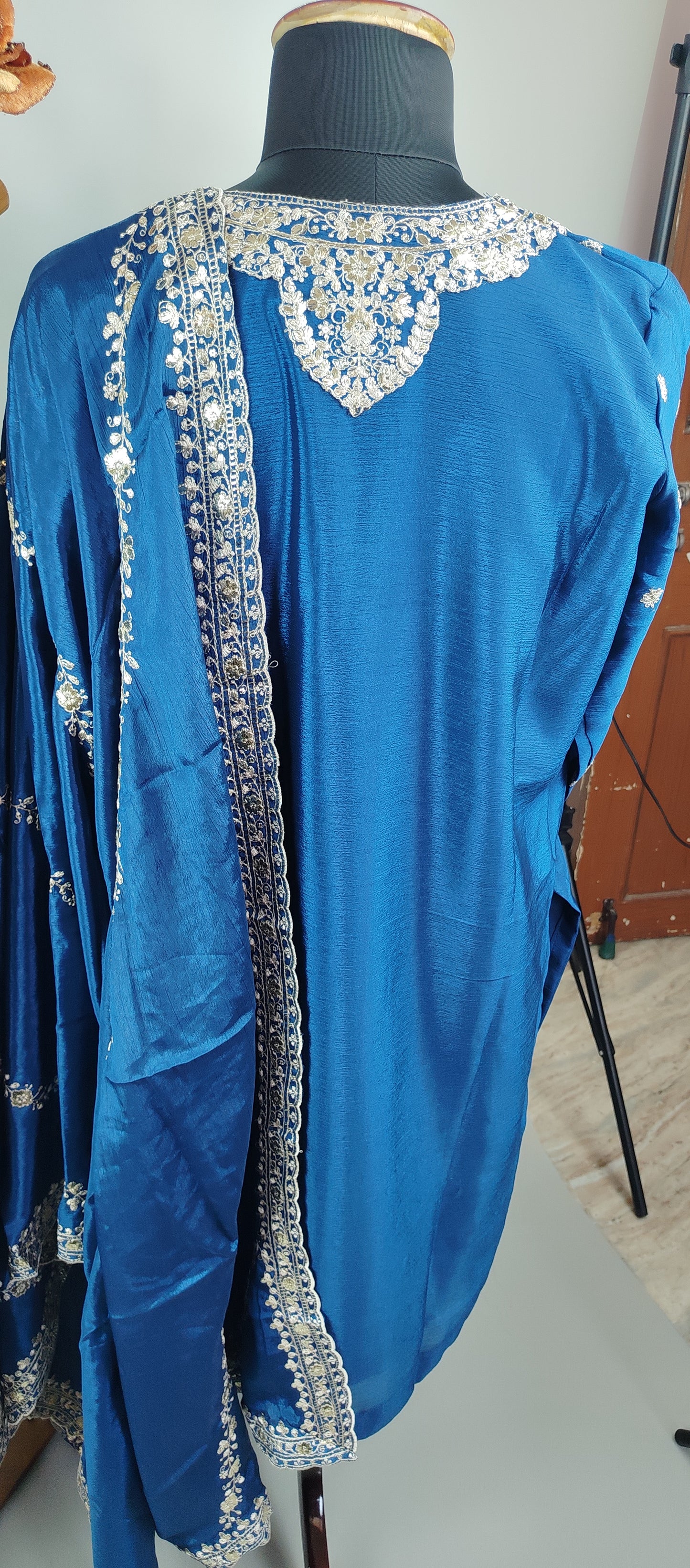 Blue Chinon Heavy Designer Party Wear Suit