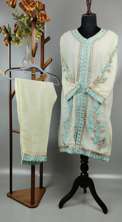 Cream Blue Thread Work Georgette Pakistani Co-Ord Set