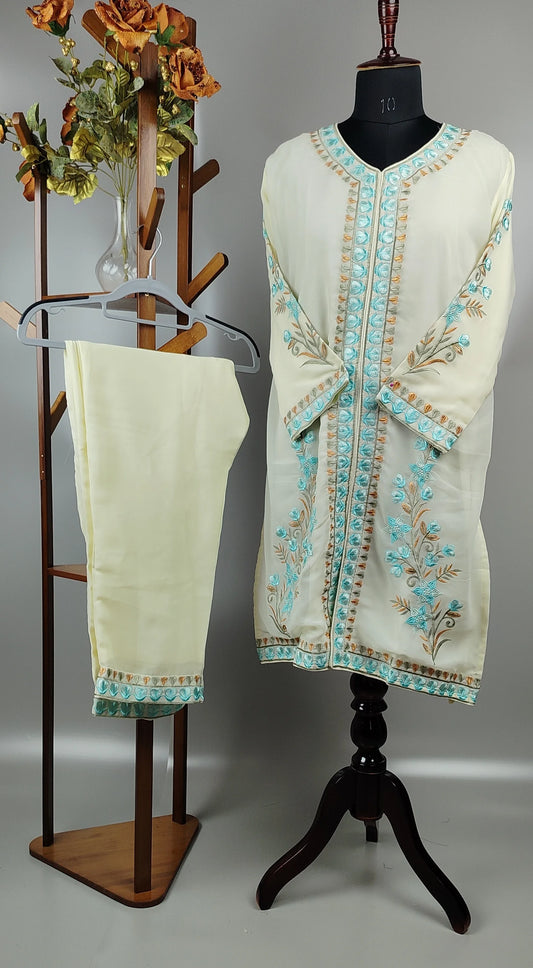 Cream Blue Thread Work Georgette Pakistani Co-Ord Set