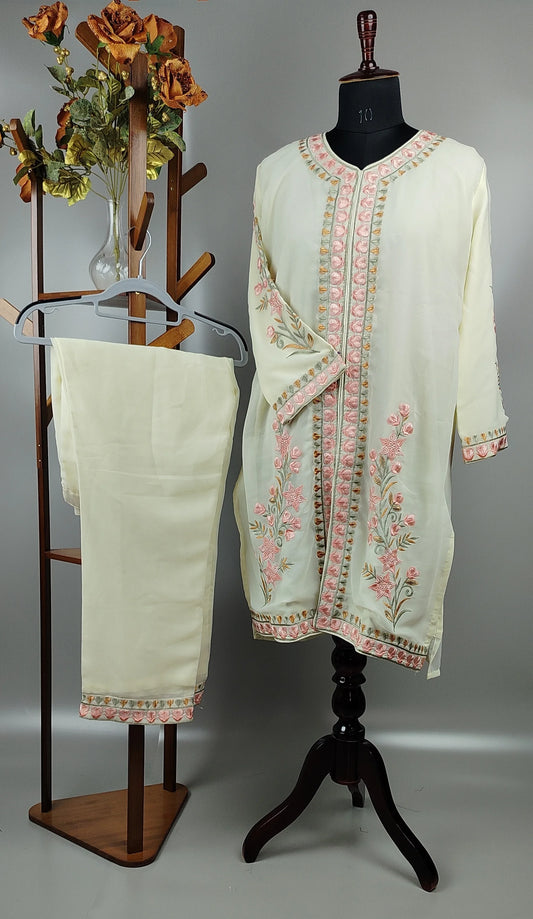 Cream Pink Thread Work Georgette Pakistani Co-Ord Set