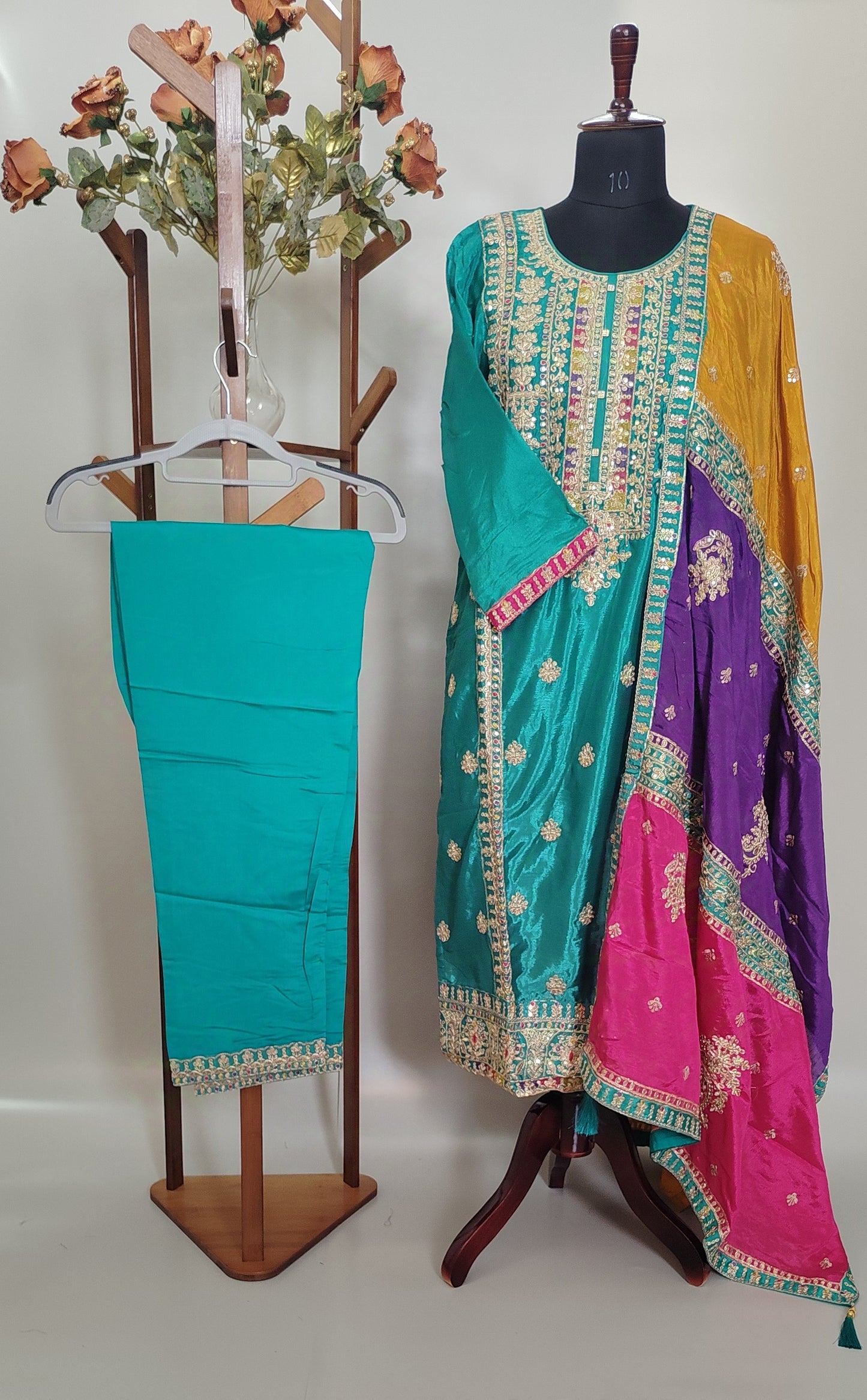 Green Chinon Embroidered Work Party Wear Suit