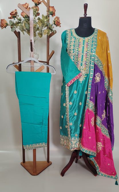 Green Chinon Embroidered Work Party Wear Suit