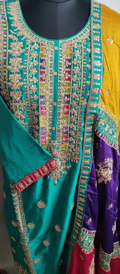 Green Chinon Embroidered Work Party Wear Suit