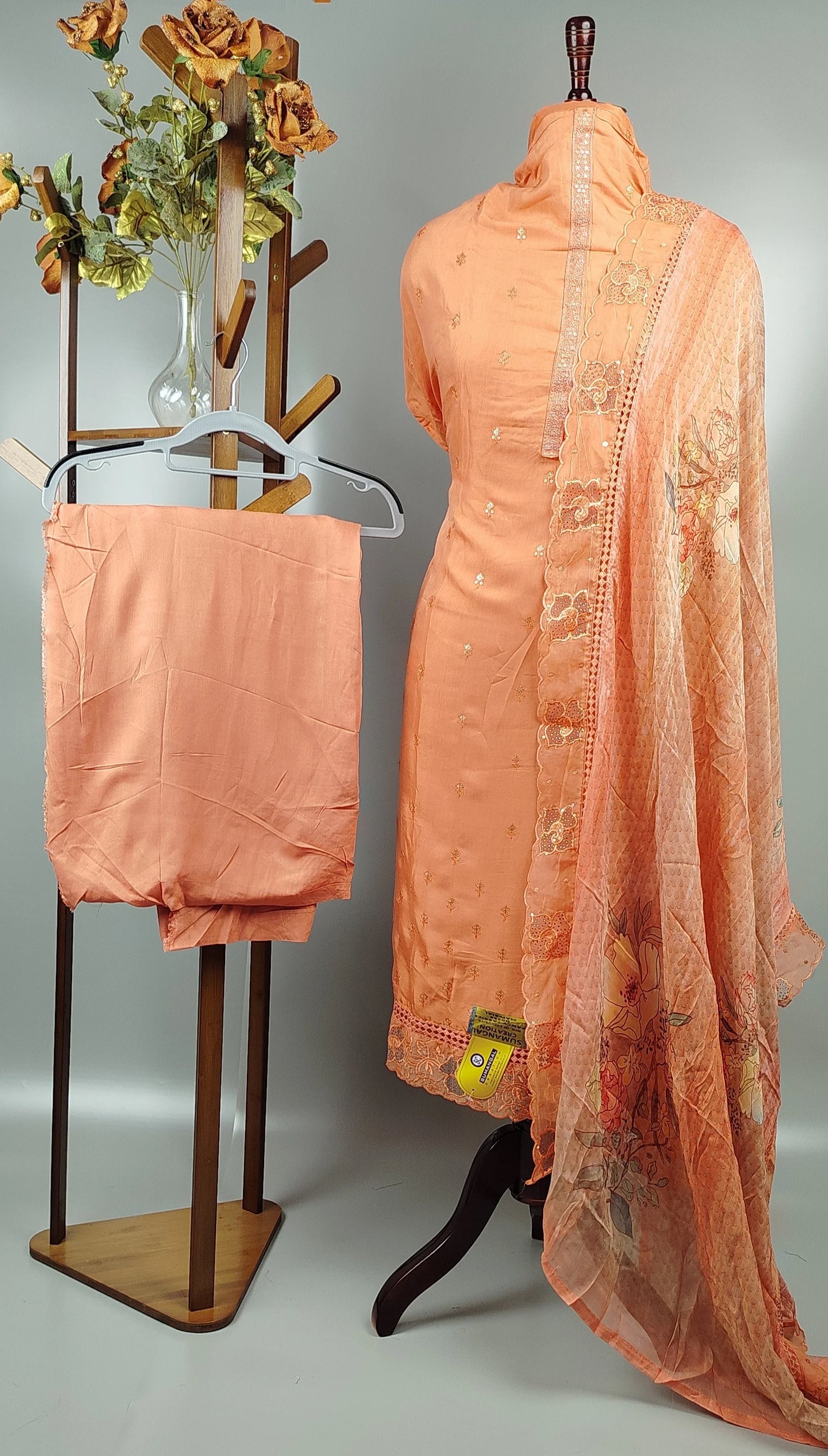 Orange Jacquard Cut Work Pakistani Suit