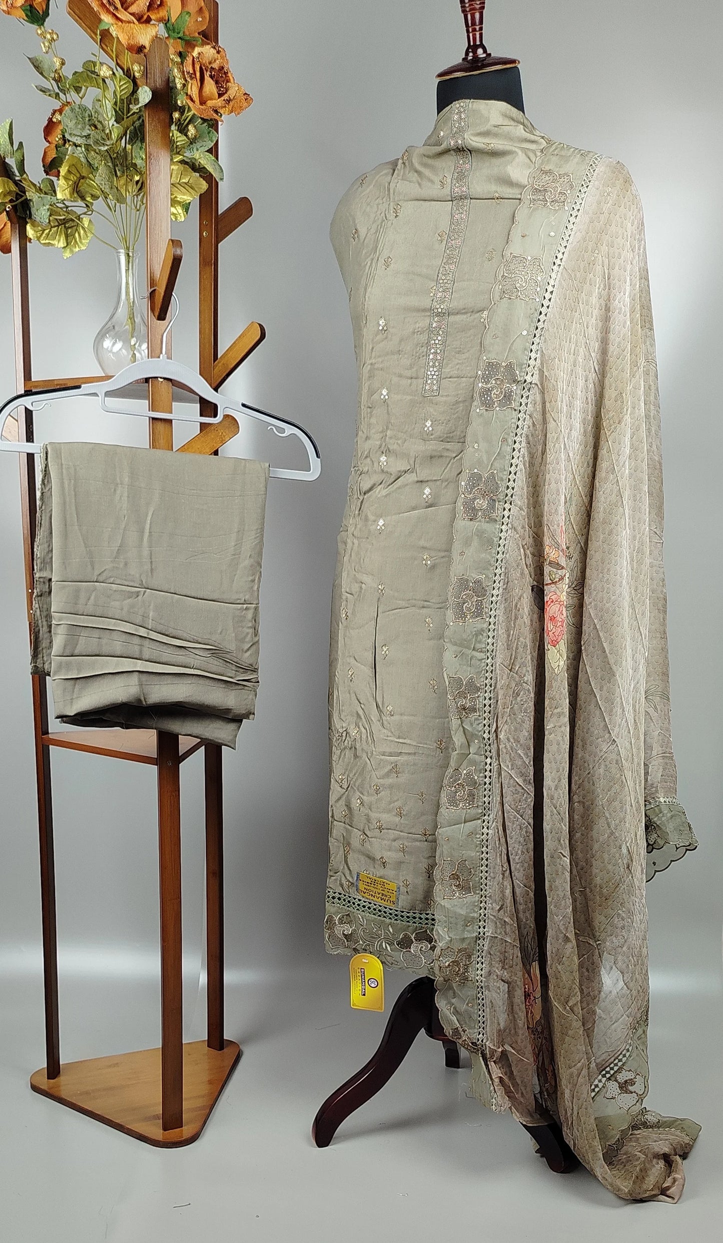 Grey Jacquard Cut Work Pakistani Suit