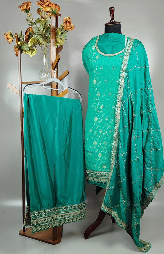Peacock Green Chinon Jacquard Heavy Designer Party Wear Suit