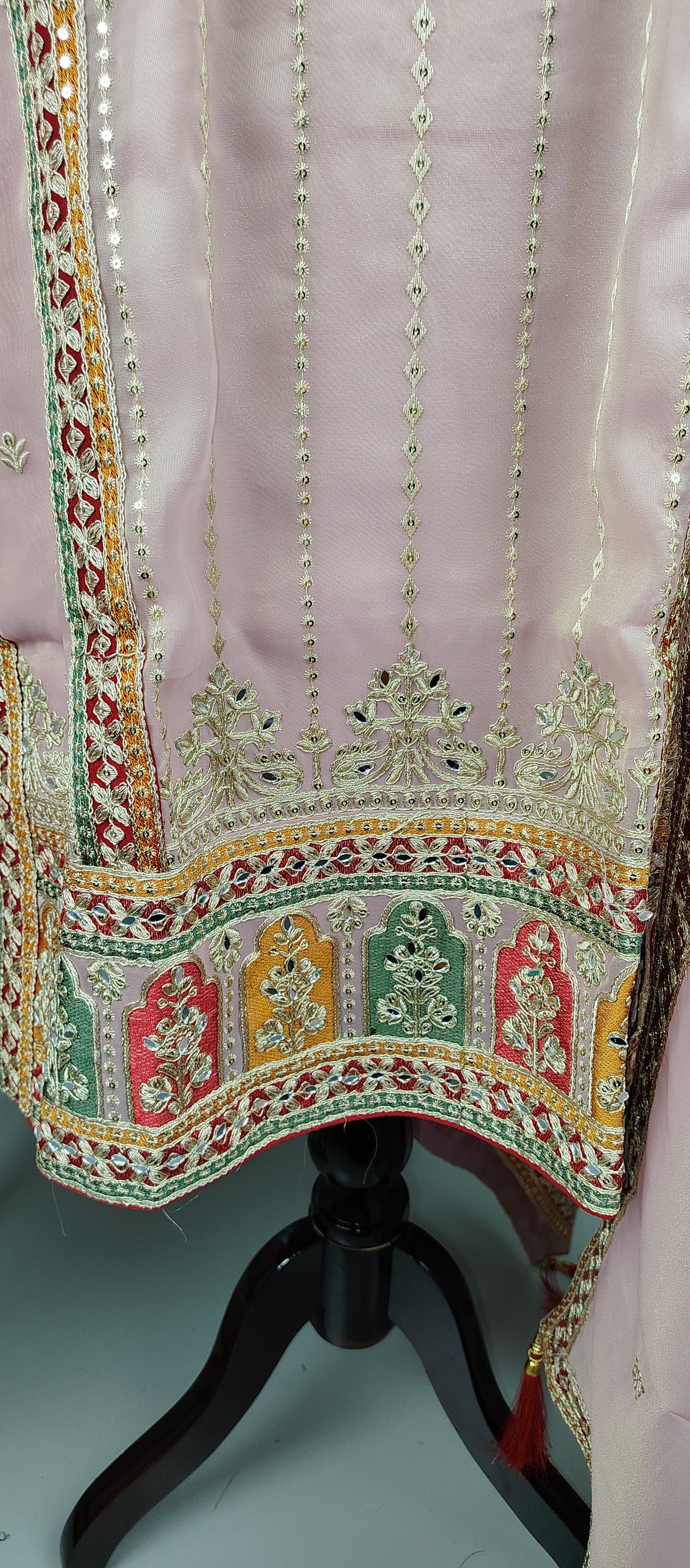 Light Pink Shimmer Organza with Embroidery and Mirror Work Designer Party Wear Suit