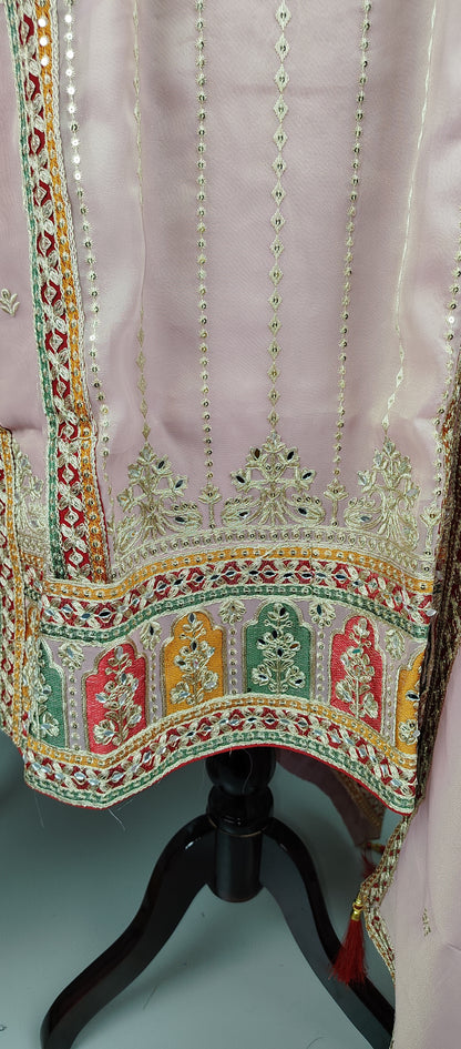 Light Pink Shimmer Organza with Embroidery and Mirror Work Designer Party Wear Suit
