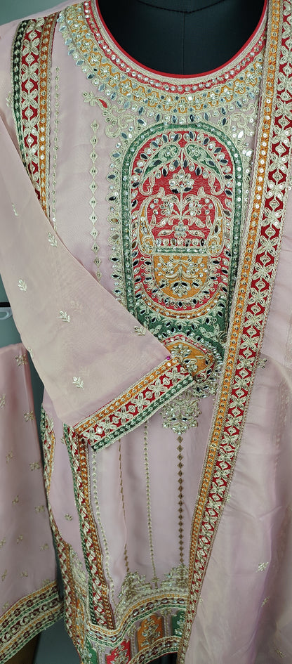 Light Pink Shimmer Organza with Embroidery and Mirror Work Designer Party Wear Suit