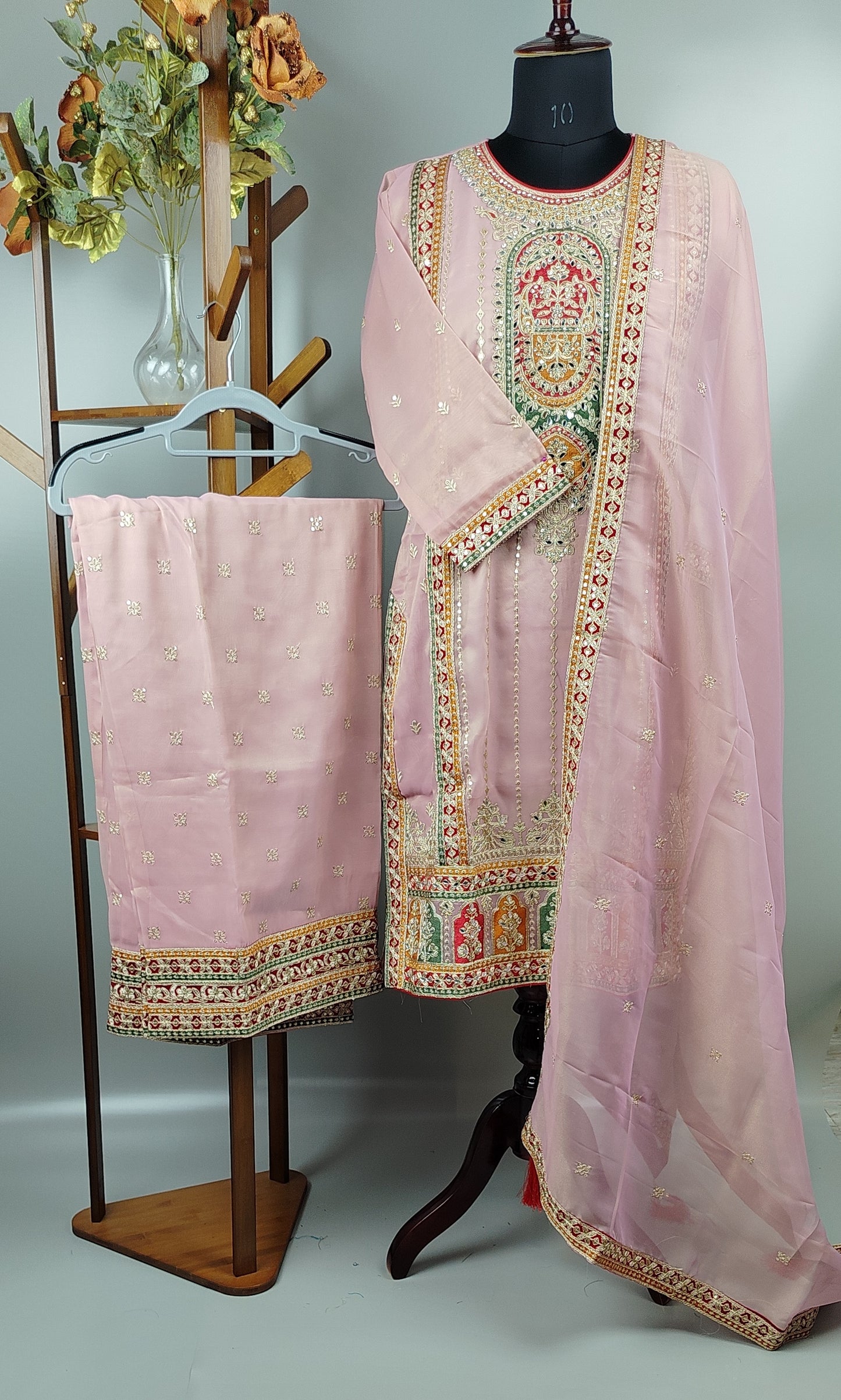 Light Pink Shimmer Organza with Embroidery and Mirror Work Designer Party Wear Suit