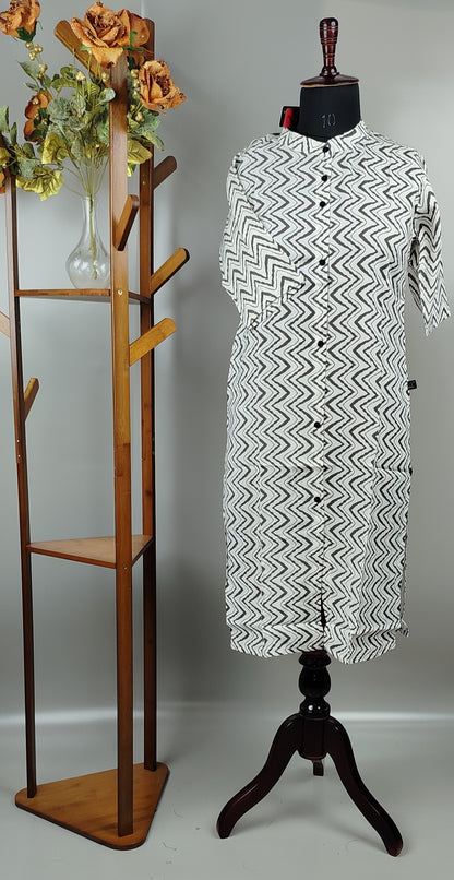 White with Gray Lines Rayon Cotton Kurti