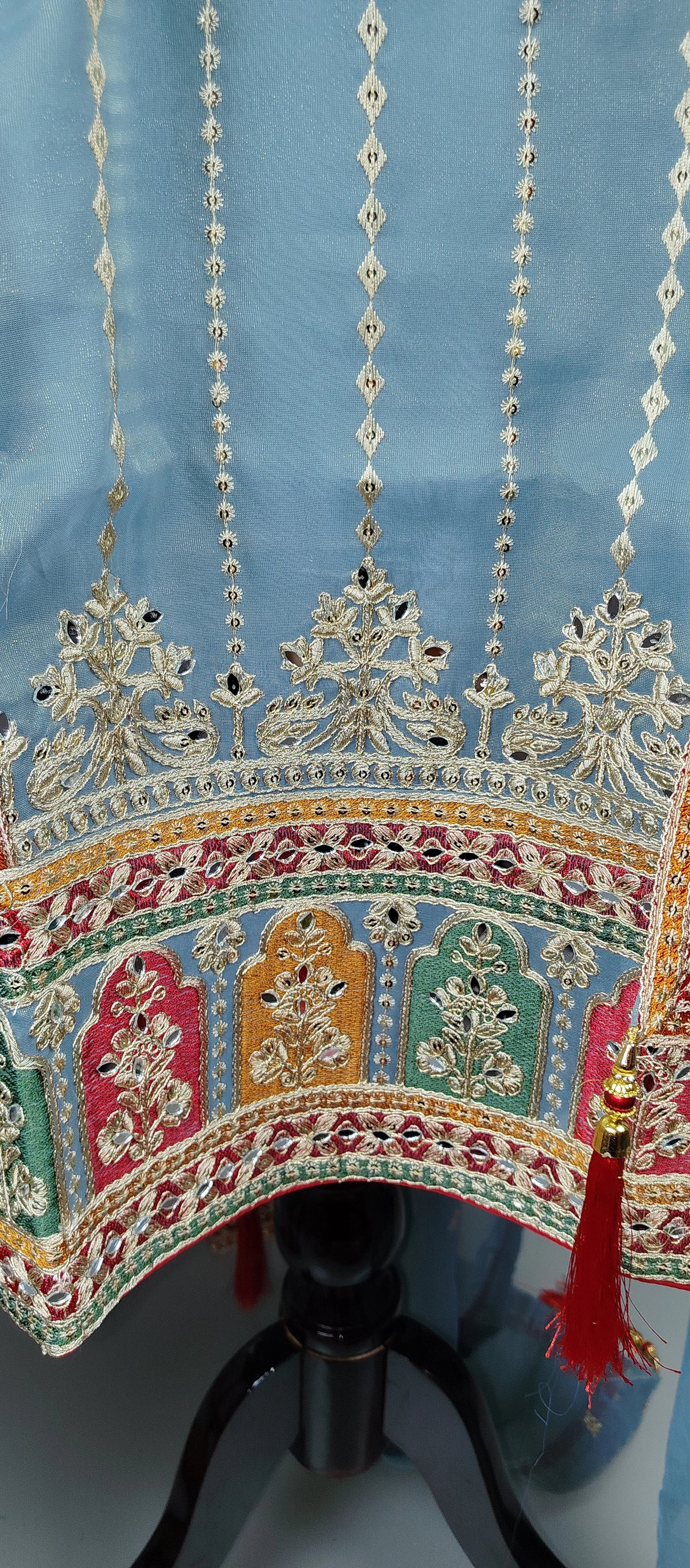 Sky Blue Shimmer Organza with Embroidery and Mirror Work Designer Party Wear Suit