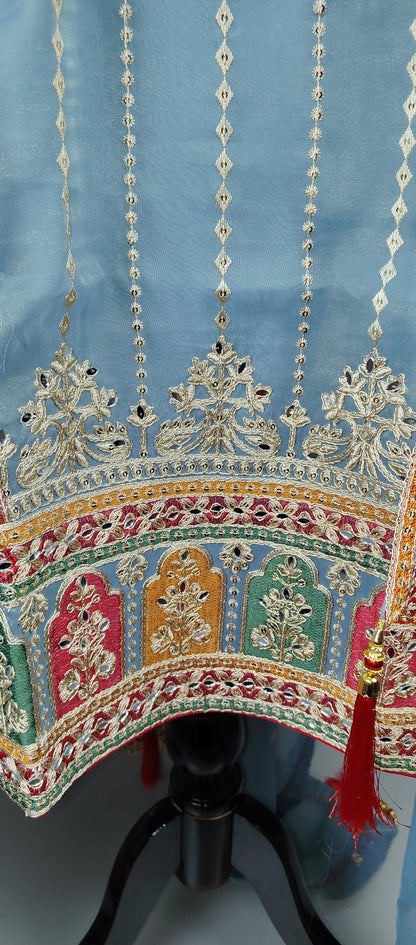 Sky Blue Shimmer Organza with Embroidery and Mirror Work Designer Party Wear Suit