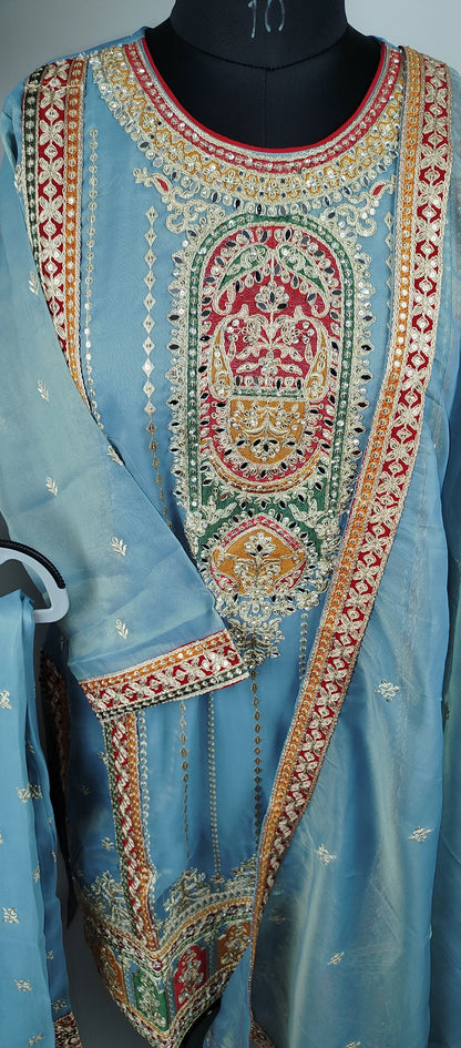 Sky Blue Shimmer Organza with Embroidery and Mirror Work Designer Party Wear Suit