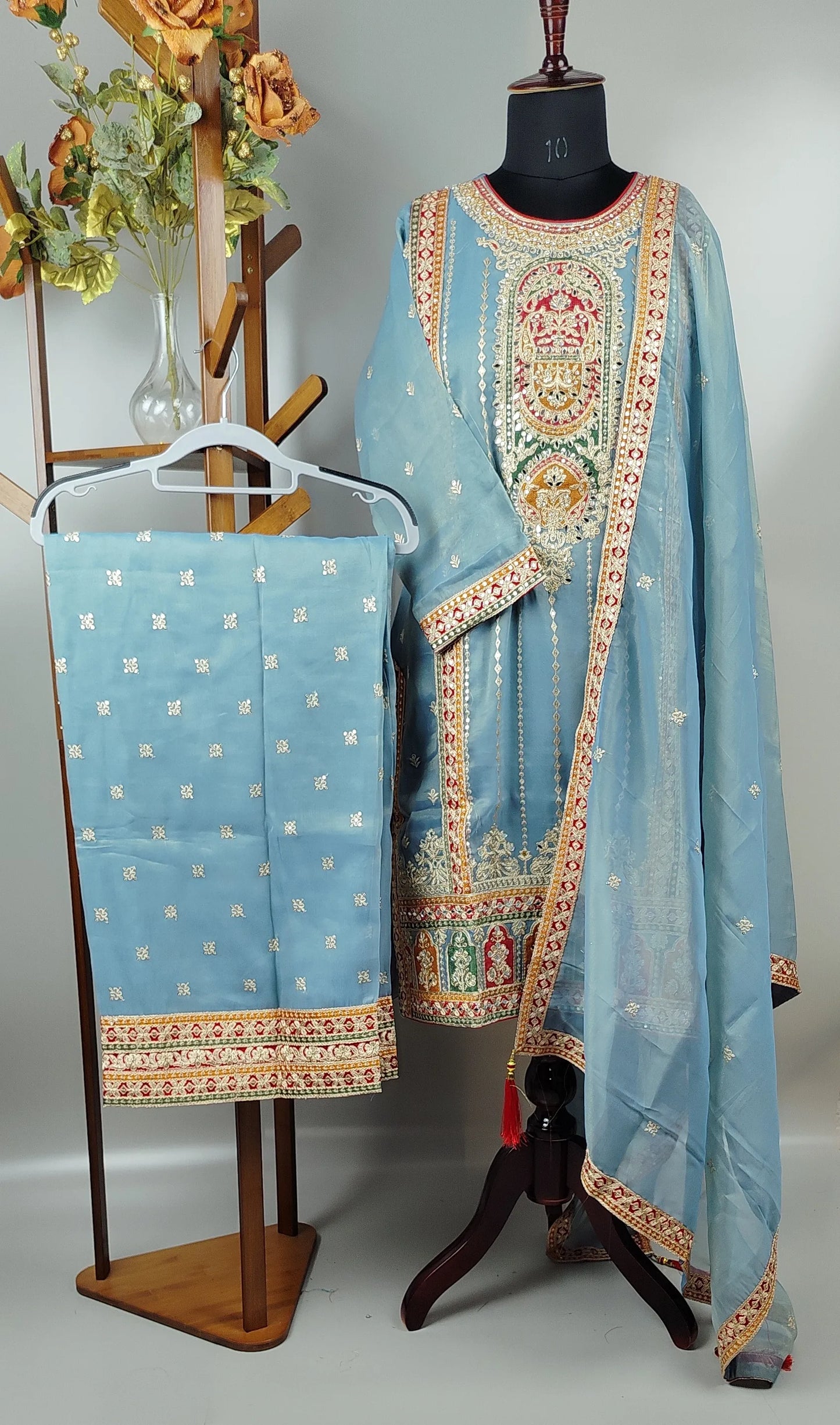Sky Blue Shimmer Organza with Embroidery and Mirror Work Designer Party Wear Suit