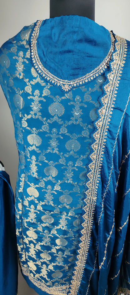 Blue Chinon Jacquard Heavy Designer Party Wear Suit