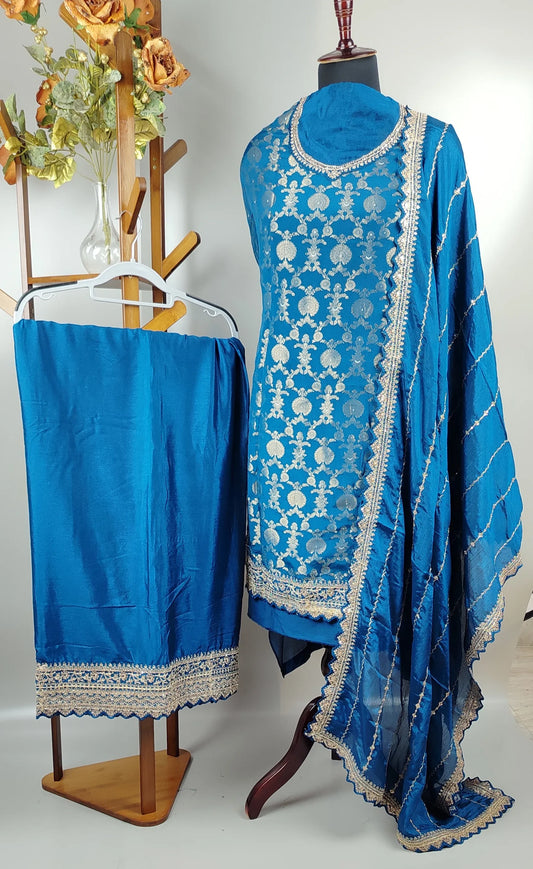Blue Chinon Jacquard Heavy Designer Party Wear Suit