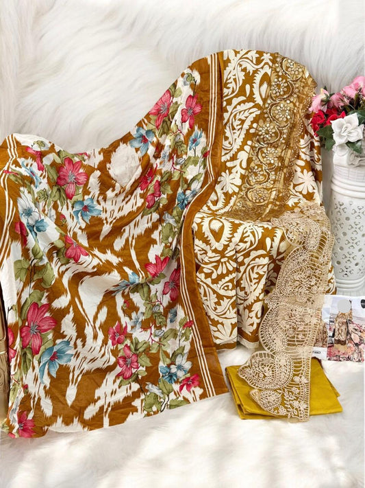 Dark Mustard Pakistani Patch Work Dress Material