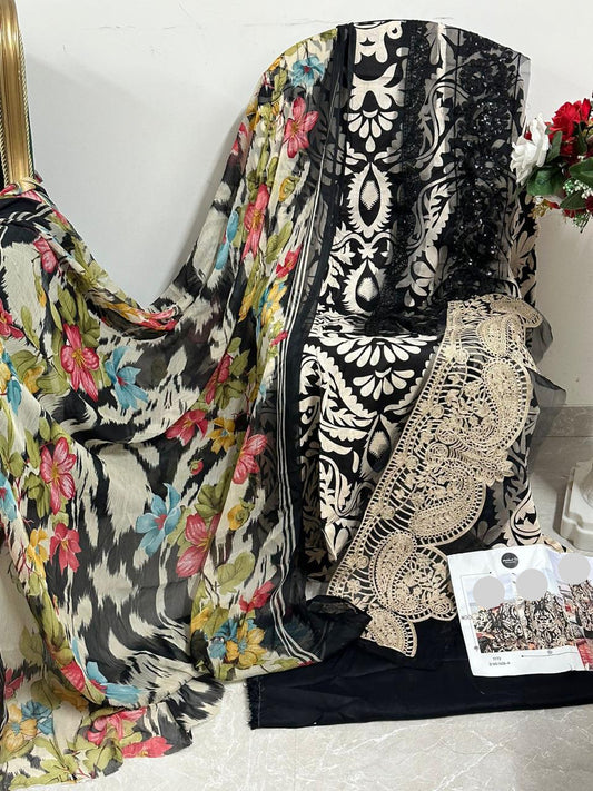 Black and White Pakistani Patch Work Dress Material