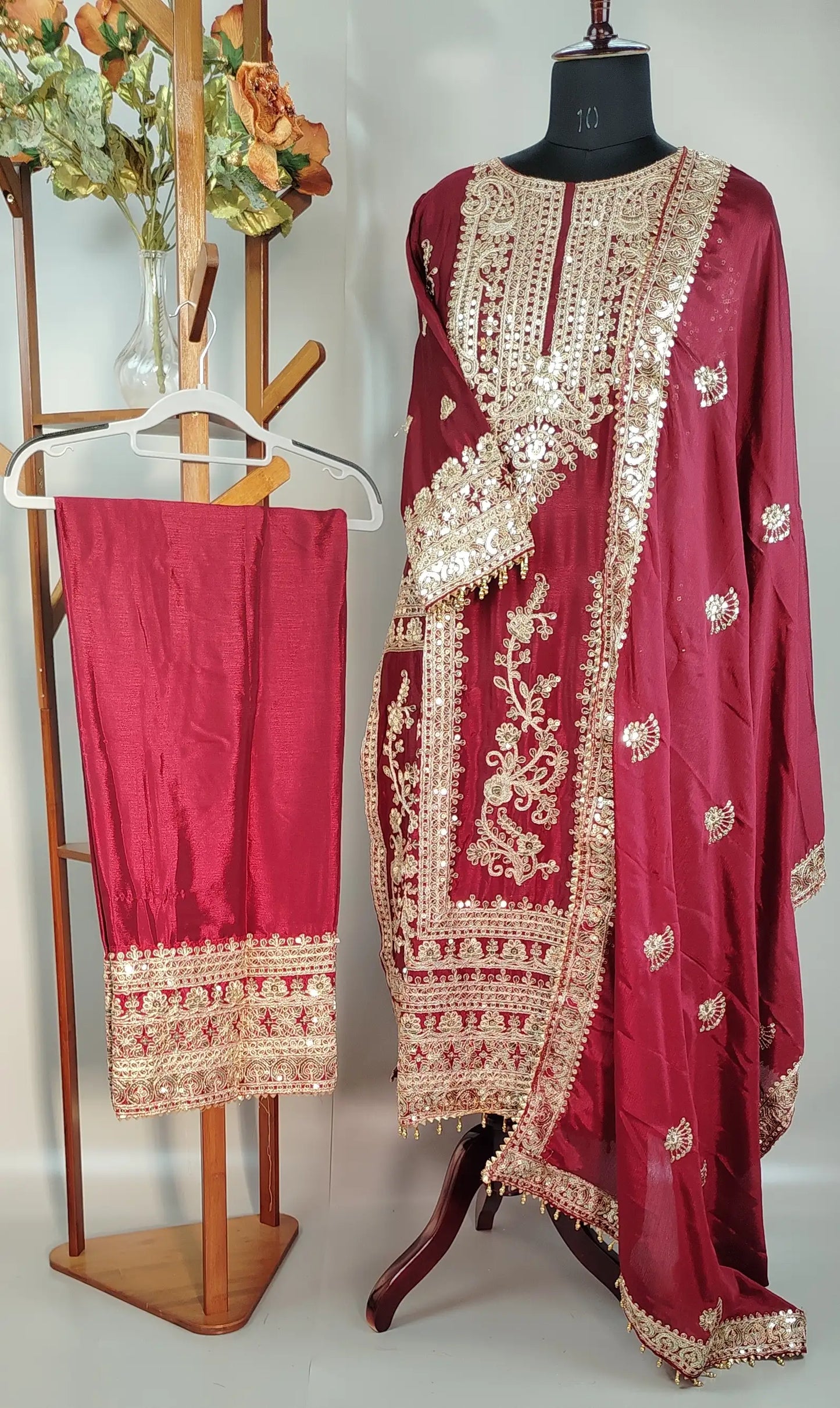 Maroon Chinon Pakistani Designer Party Wear Suit