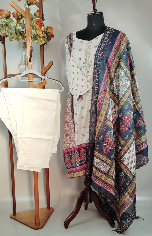 White and Blue Cotton Casual Wear Suit