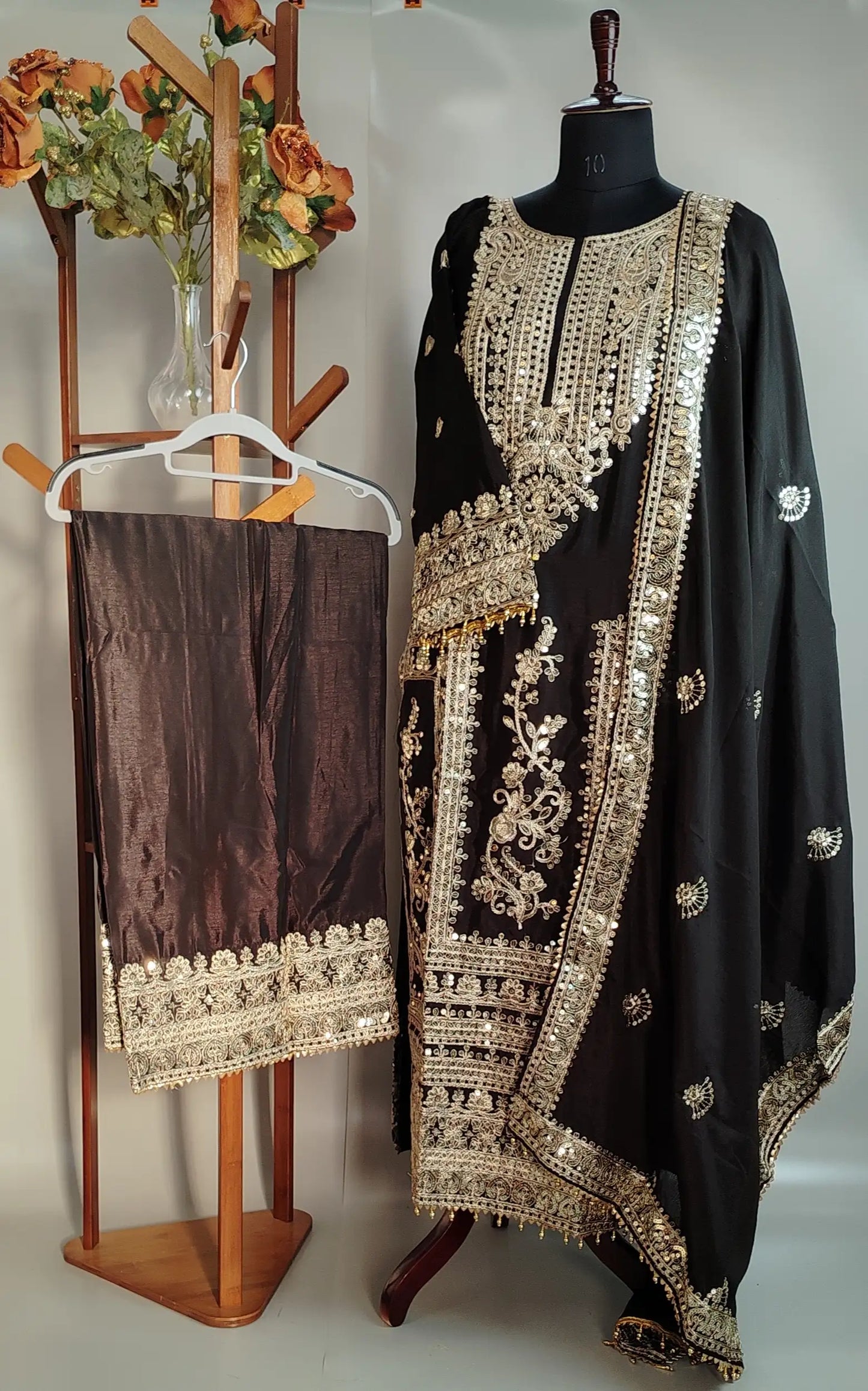 Black Chinon Pakistani Designer Party Wear Suit