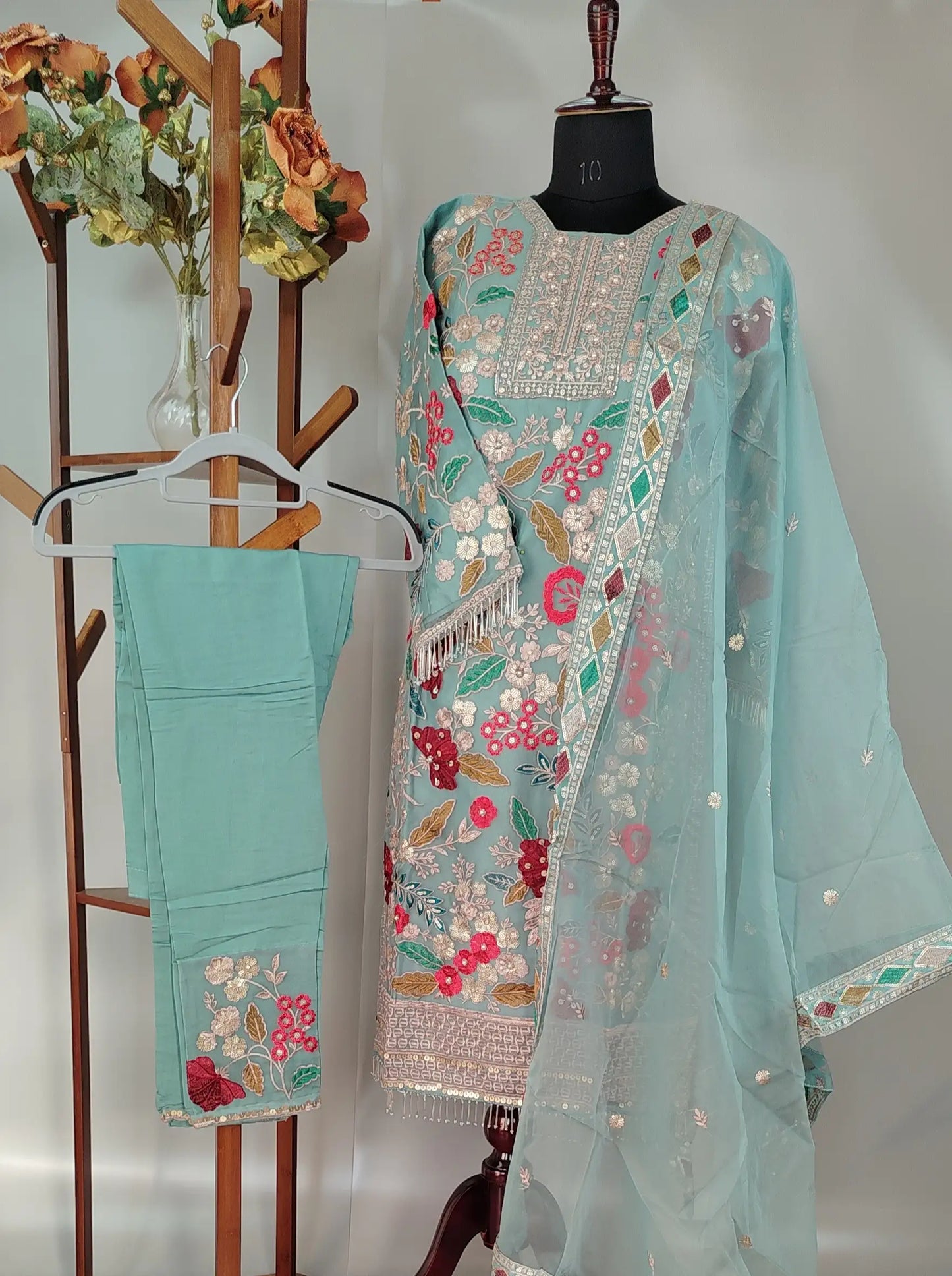 Sky Blue Organza Pakistani Designer Party Wear Suit