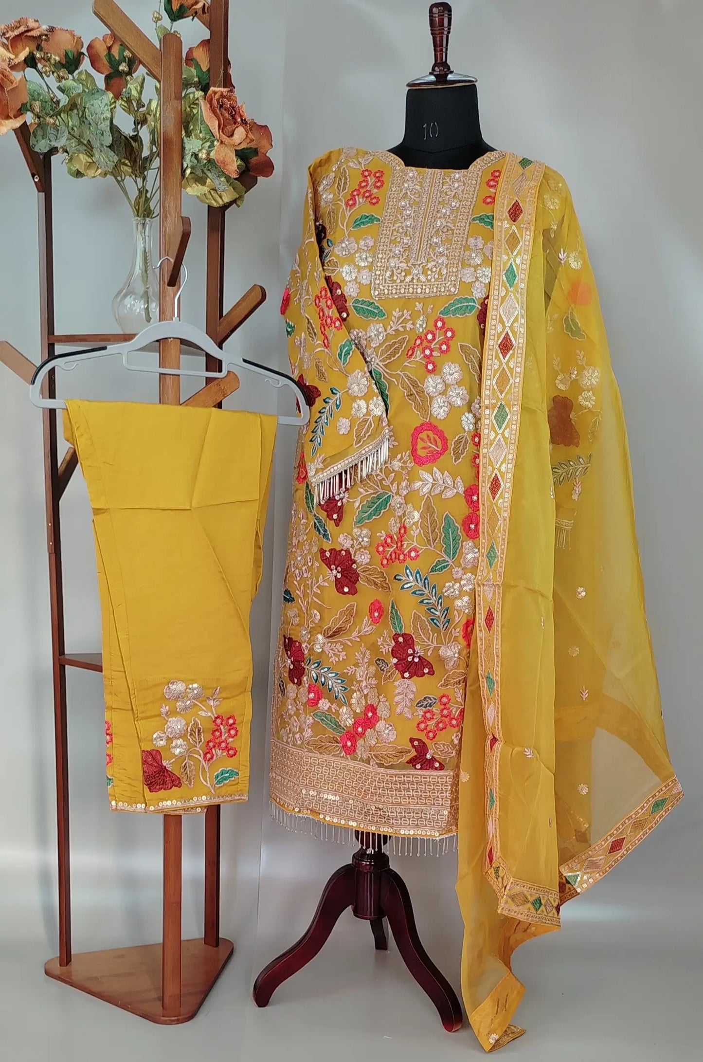 Mustard Organza Pakistani Designer Party Wear Suit