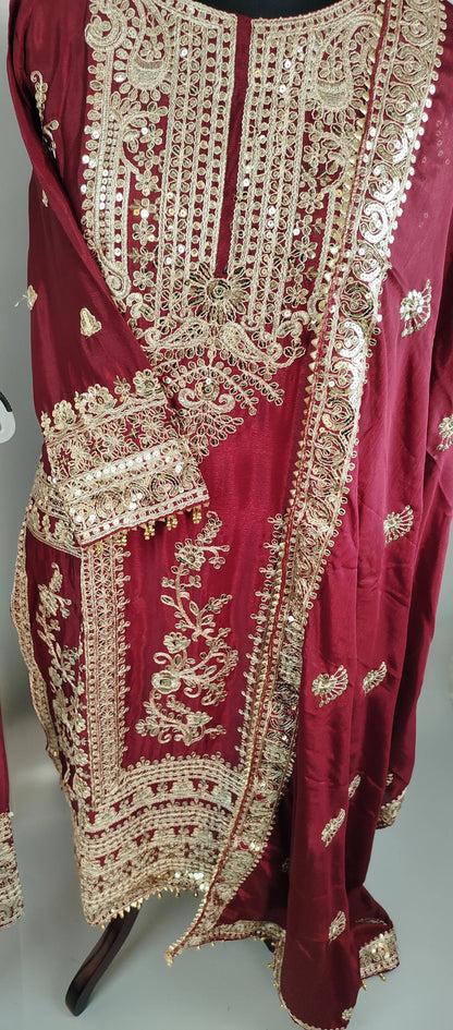 Maroon Chinon Pakistani Designer Party Wear Suit