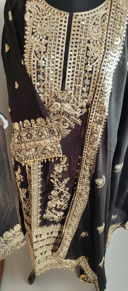 Black Chinon Pakistani Designer Party Wear Suit