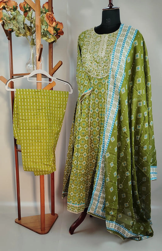 Green Cotton Semi Party Wear