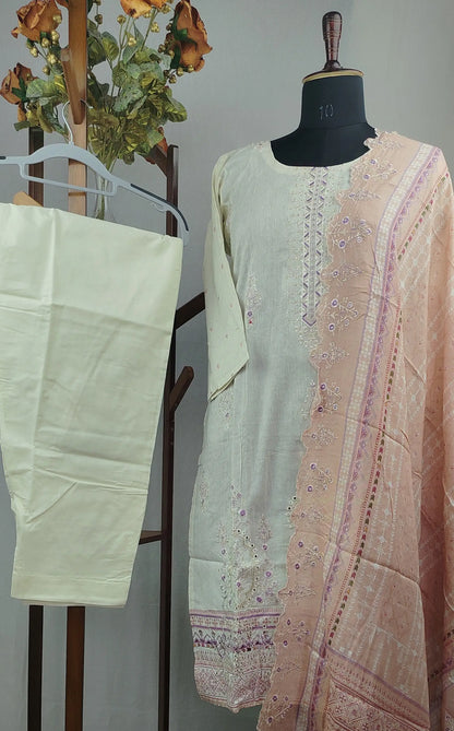 White and Peach Pakistani Embroidered Casual Wear