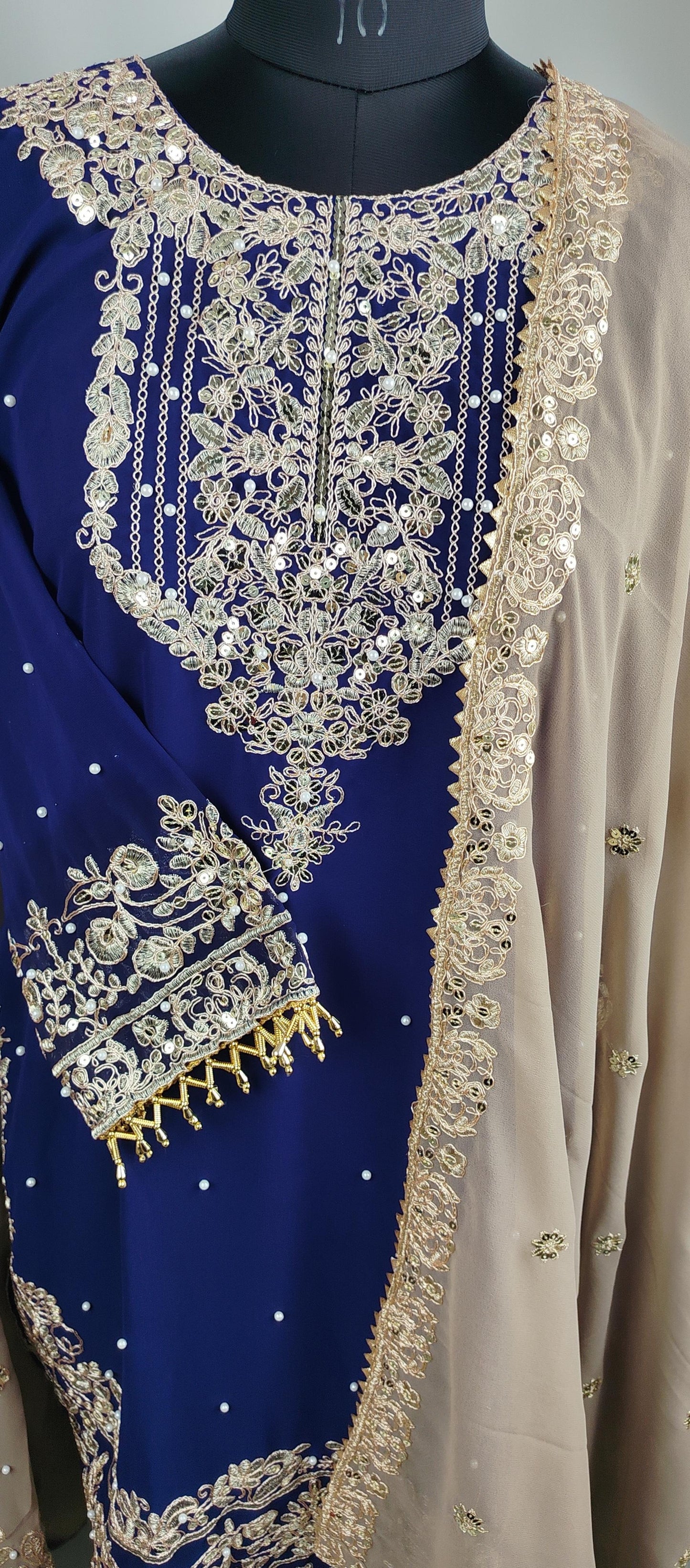 Grey and Navy Blue Georgette Heavy Work Designer Party Wear Suit