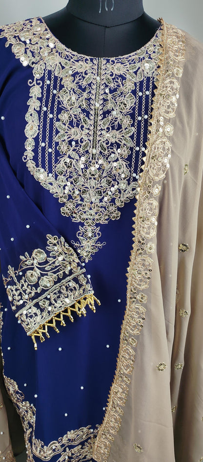 Grey and Navy Blue Georgette Heavy Work Designer Party Wear Suit